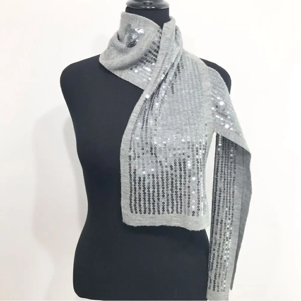 Disney Parks Authentic Gray Knit Silver Sequin Long Neck Scarf